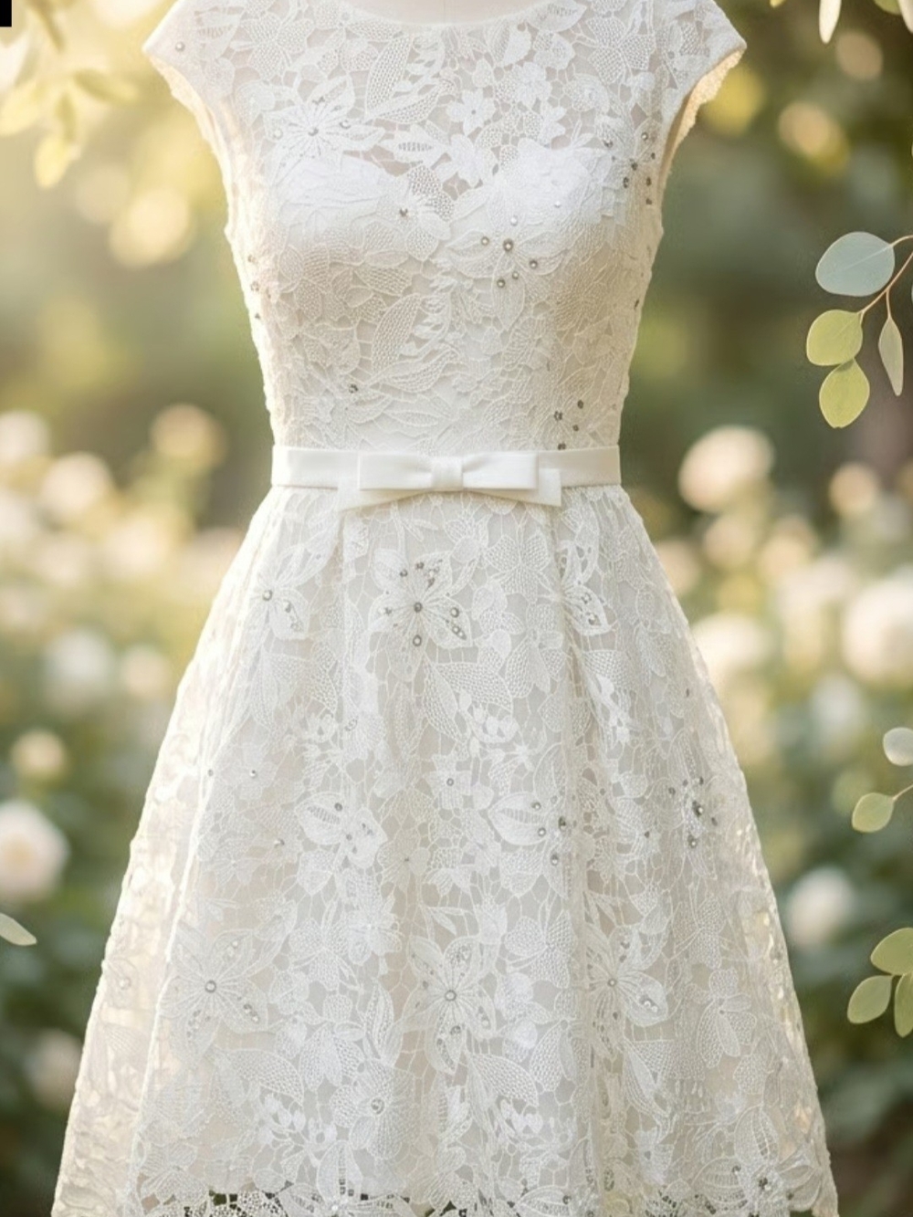 Elegant White Lace Fit & Flare Dress with Bow Waist
